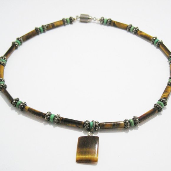 Men's Hand Crafted Tigers Eye Turquoise 22" Beaded Necklace Magnetic Closure - Picture 6 of 6